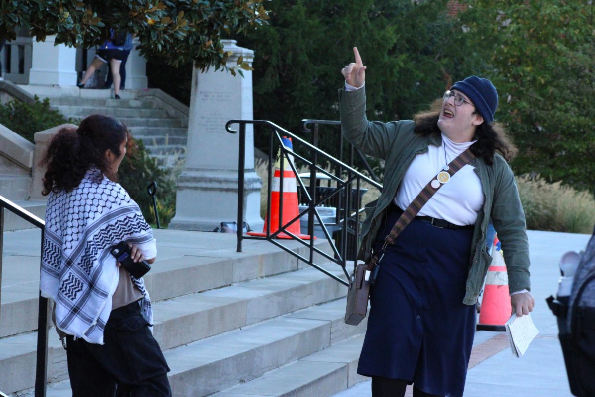 MSJP President Lily Dunn delivers a fiery speech against Mun Choi on Thursday, Oct. 9 at Jesse Hall in Columbia, Mo. MSJP recently sued Mun Choi for allegedly violating its First Amendment rights.
