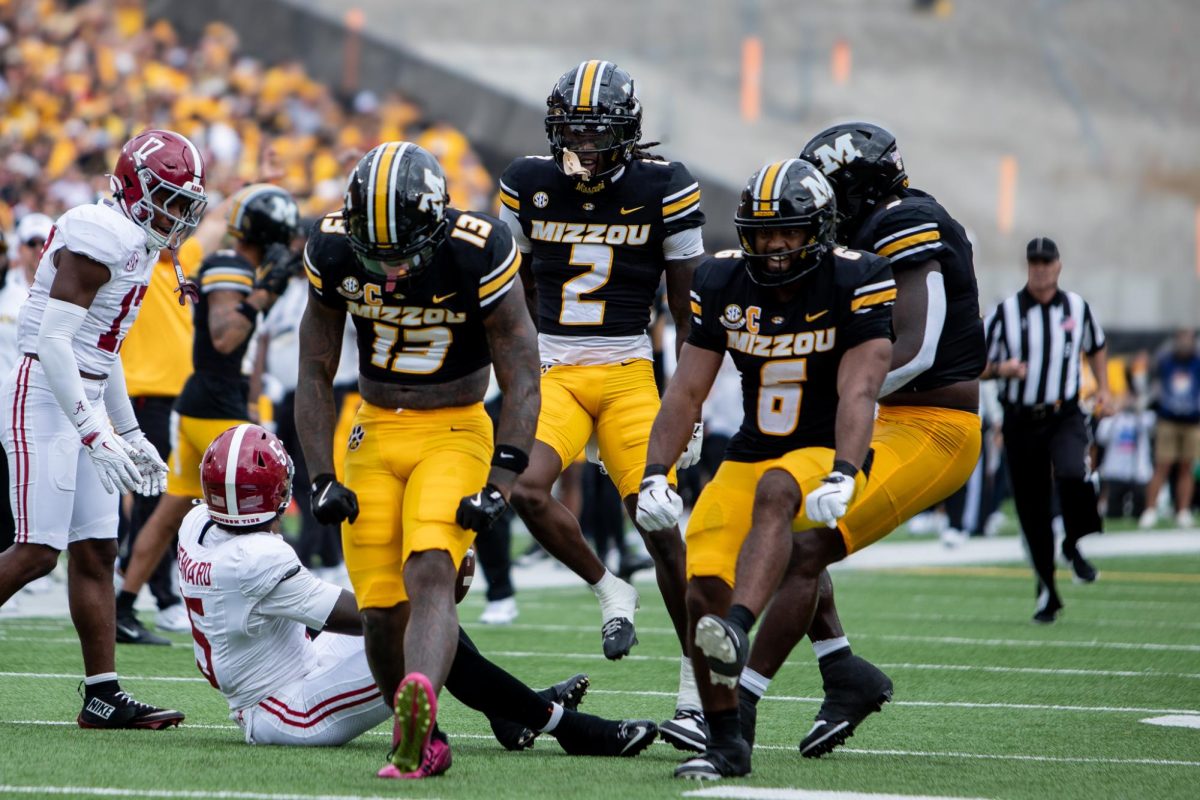 Missouri safety Daylan Carnell, cornerback Toriano Pride Jr. and safety Jalen
Catalon leave Alabama players behind after a successful play during Missouri’s game
against Alabama on Saturday, Oct. 11 at Farout Field in Columbia, Mo. This was
Missouri’s 18th consecutive sold-out game, tied with the record set in 1974-78.