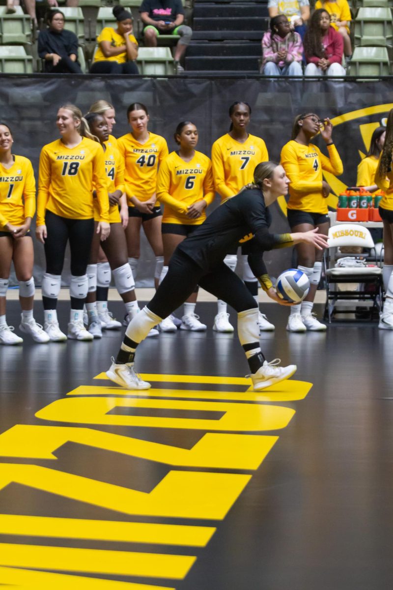 Missouri libero Maya Sands sets up for a serve on Sunday Oct. 5, at the Hearnes Center in Columbia, Mo. Sands had 1 service ace and 16 digs against Oklahoma.