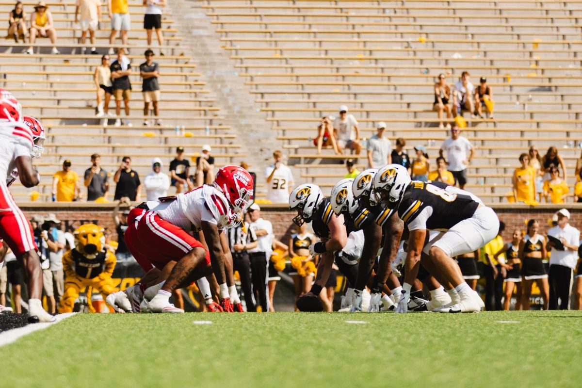 Louisiana-Lafayette defense and Missouri offense line up for a play during the football game on Saturday, Sept. 13, 2025, at Faurot Field in Columbia, Mo. The Missouri offense rushed a total of 427 yards during the game, with Louisiana-Lafayette only rushing 117 yards.
