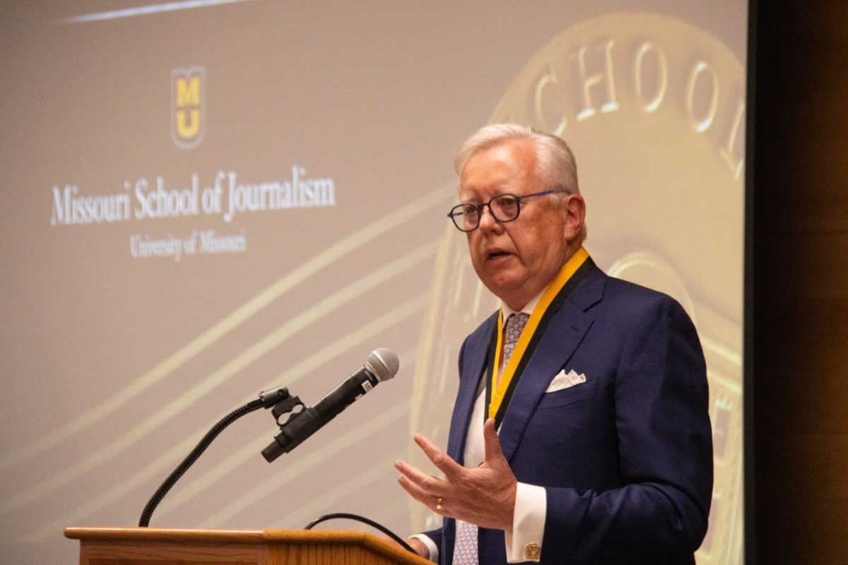 Missouri Honor Medal recipient John Saunders speaks to the crowd after receiving his award on Tuesday, Sept. 30, at the State Historical Society of Missouri in Columbia, Mo. Saunders was the founder of FleishmanHillard Saunders, the largest public relations consultancy in Ireland.