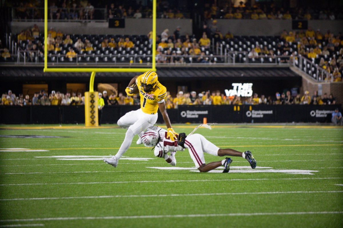 Missouri wide receiver Donovan Olugbode runs after catching an 8-yard pass during Missouri’s game against Massachusetts on Saturday, Sept. 27, at Faurot Field in Columbia, Mo. Olugbode has received for a total of 78 yards so far this season.
