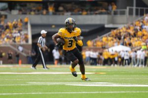 Missouri wide receiver Luther Burden III  rushes down the field with a football in the game against Boston College on Saturday, Sept. 14, 2024.
