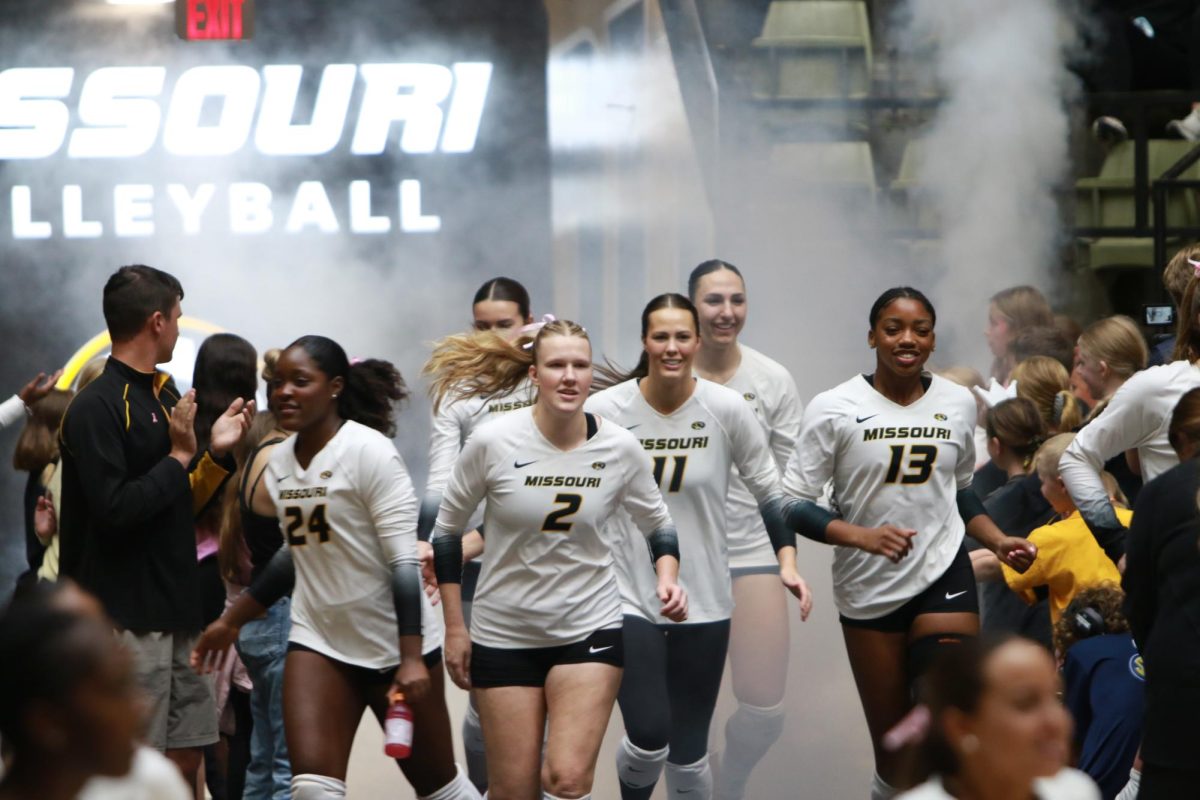 Missouri volleyball runs out of the tunnel before Missouri’s game against Ole
Miss on Friday, Oct. 17 at Hearnes Arena in Columbia, Mo.