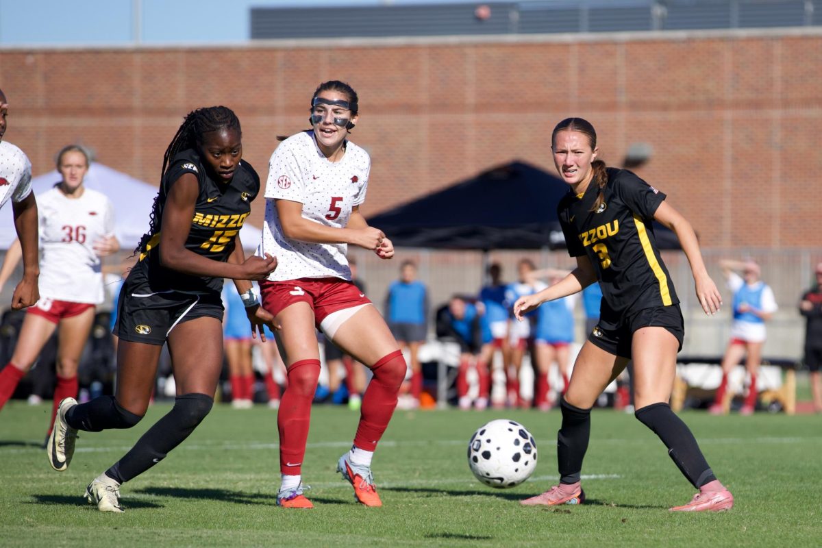 Missouri defender Shania Spriggs runs after the ball, passing an Arkansas
player on Sunday, Oct. 19 at Audrey J. Walton Soccer Stadium in Columbia, Mo. Her sophomore year Spriggs started four of 10 games and logged 551 minutes on the field.