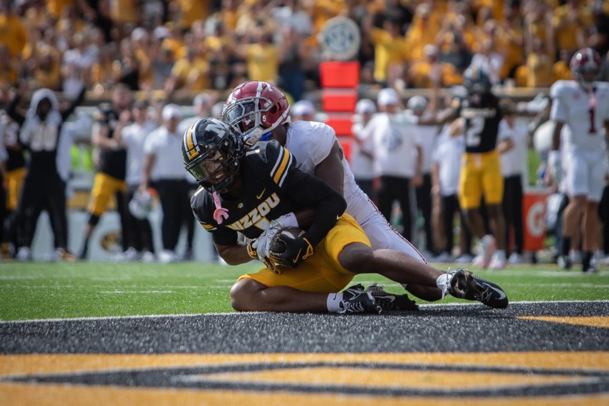 Missouri wide receiver Donovan Olugbode smiles after running the ball to the 3-yard line during Missouri’s game against Alabama on Saturday, Oct. 11 at Farout Field in Columbia, Mo. Olgubode then scored a touchdown for the Tigers, his first of the
season.