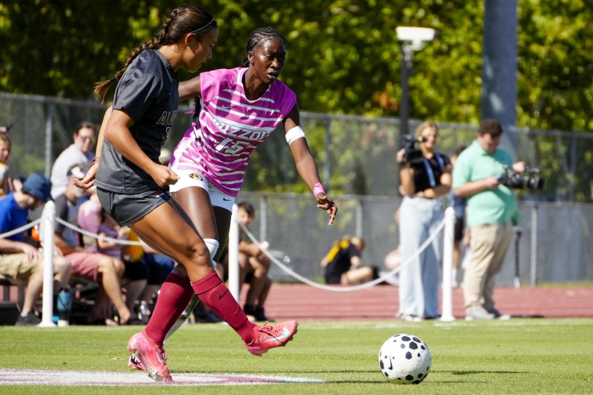Missouri defender Shania Spriggs attempts to block a pass from Alabama midfielder Olivia Belcher during a match on Sunday, Oct. 5 at Audrey J. Walton Soccer Stadium in Columbia, Mo. Belcher recorded a season high 88 minutes against Missouri.