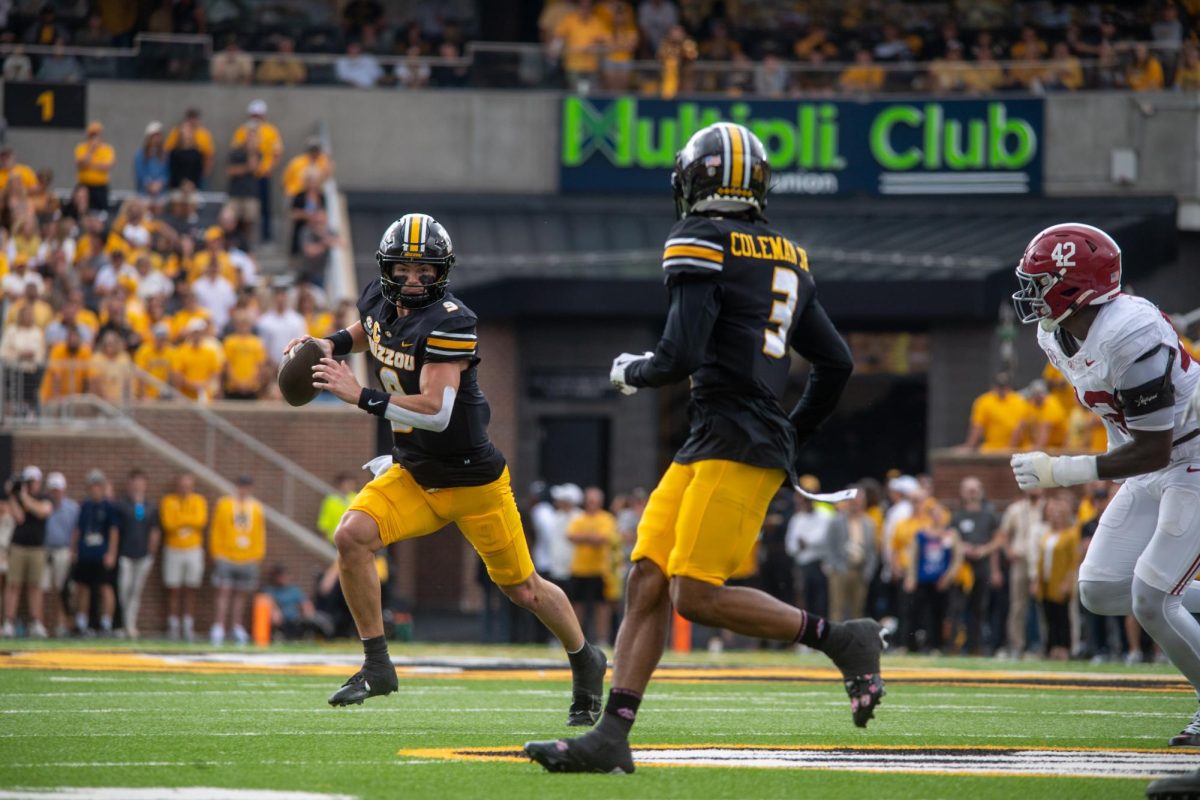 Missouri quarterback Beau Pribula throws the football during the game against Alabama on Saturday, Oct. 11 at Faurot Field in Columbia, Mo. Pribula scored two touchdowns during the game.