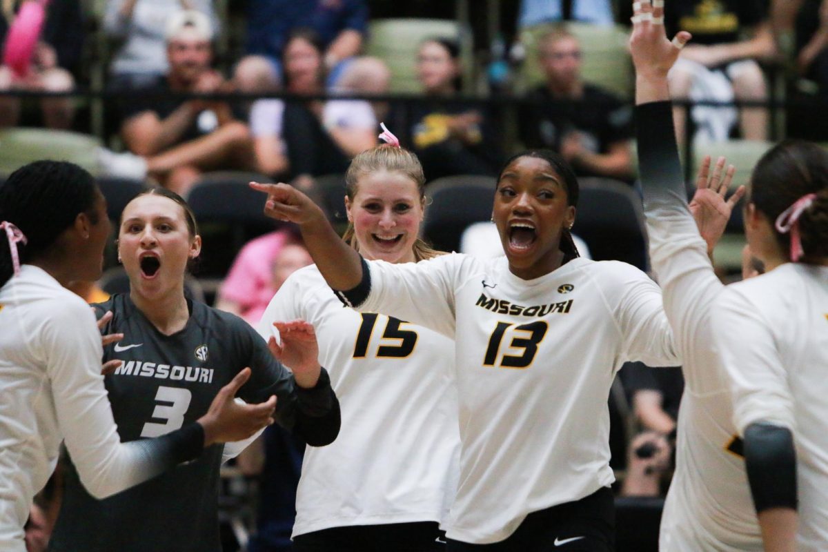 Missouri middle blocker Tyrah Ariail points to her teammates after a successful kill during Missouri’s game against Ole Miss on Friday, Oct. 17 at Hearnes Center in Columbia, Mo. Ariail made the 2024 Big Ten All-Academic Team last year at USC, where she played from 2021-2024.