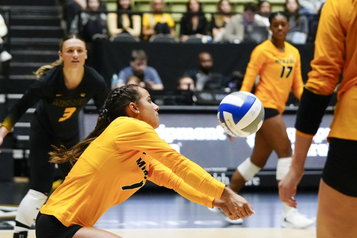 Missouri libero Zoey Matias-Lopez digs a ball during a match against
Louisiana State on Oct. 19 at the Hearnes Center in Columbia, Mo. Matias-Lopez recorded 12 digs.