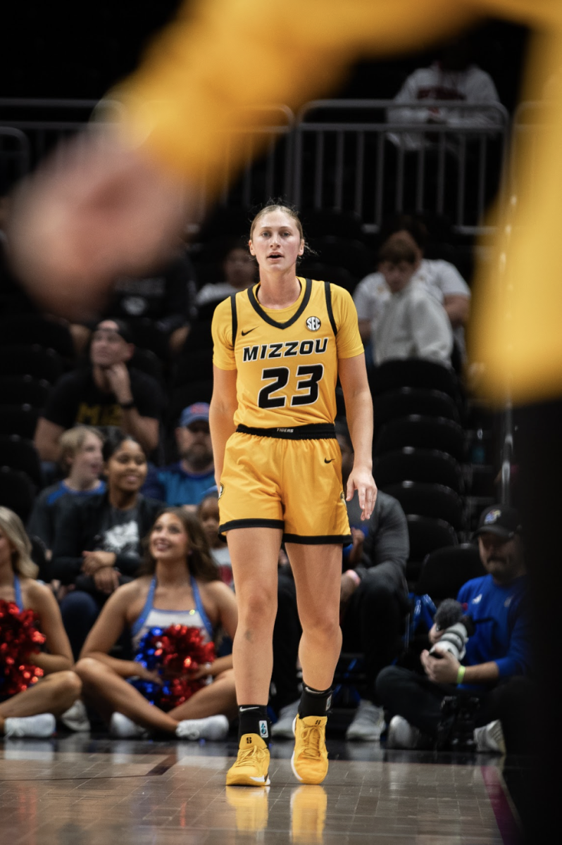 Missouri guard Abbey Schreacke stares down the court on Saturday, Nov. 15 at T-Mobile Arena in Kansas City, Mo. Last year, Schreacke ranked 12th in the SEC for three-pointers made per game.