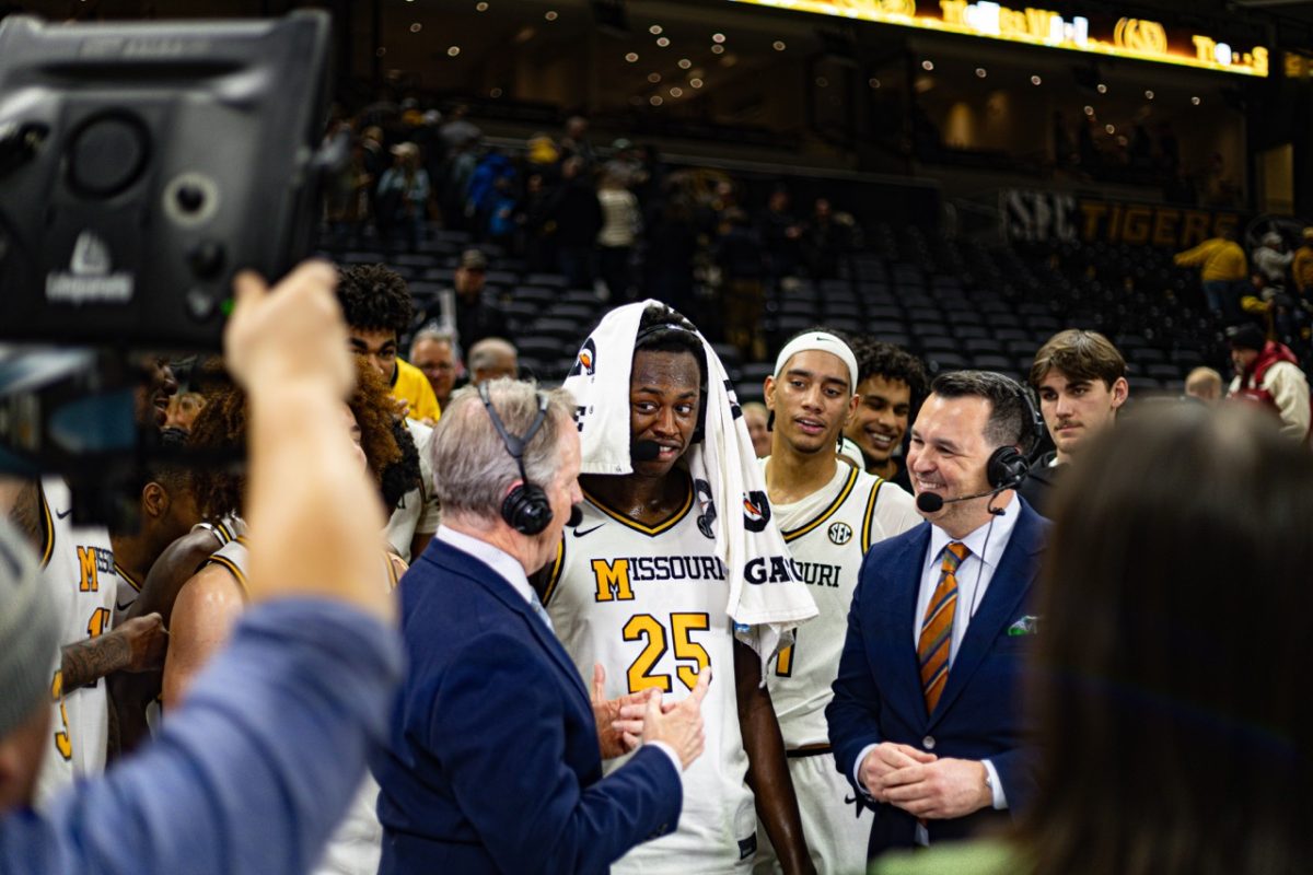 Missouri guard/forward Mark Mitchell talks to reporters after hitting a game-winning 3-point shot in their game against Oklahoma on Saturday, Jan. 24 at Mizzou Arena in Columbia, Mo. 