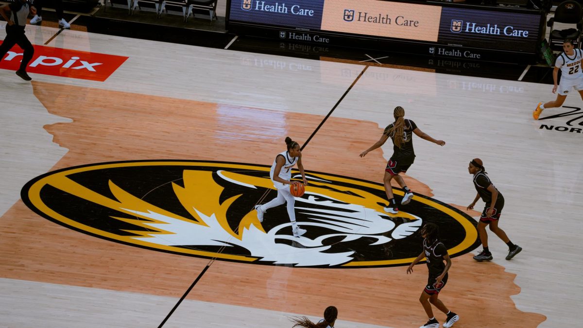 Missouri basketball player Shannon Dowell dribbles up the court versus Troy on Thursday, Nov. 20, 2025 at Mizzou Arena in Columbia Mo. Dowell would become the first player since 2019 in Missouri history to score 20 points in only the first half.