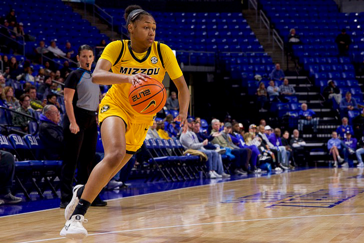 Missouri guard Shannon Dowell dribbles the ball against St. Louis University on Tuesday, Dec. 14, 2025 at Chaifetz Arena in St.Louis Mo. 
