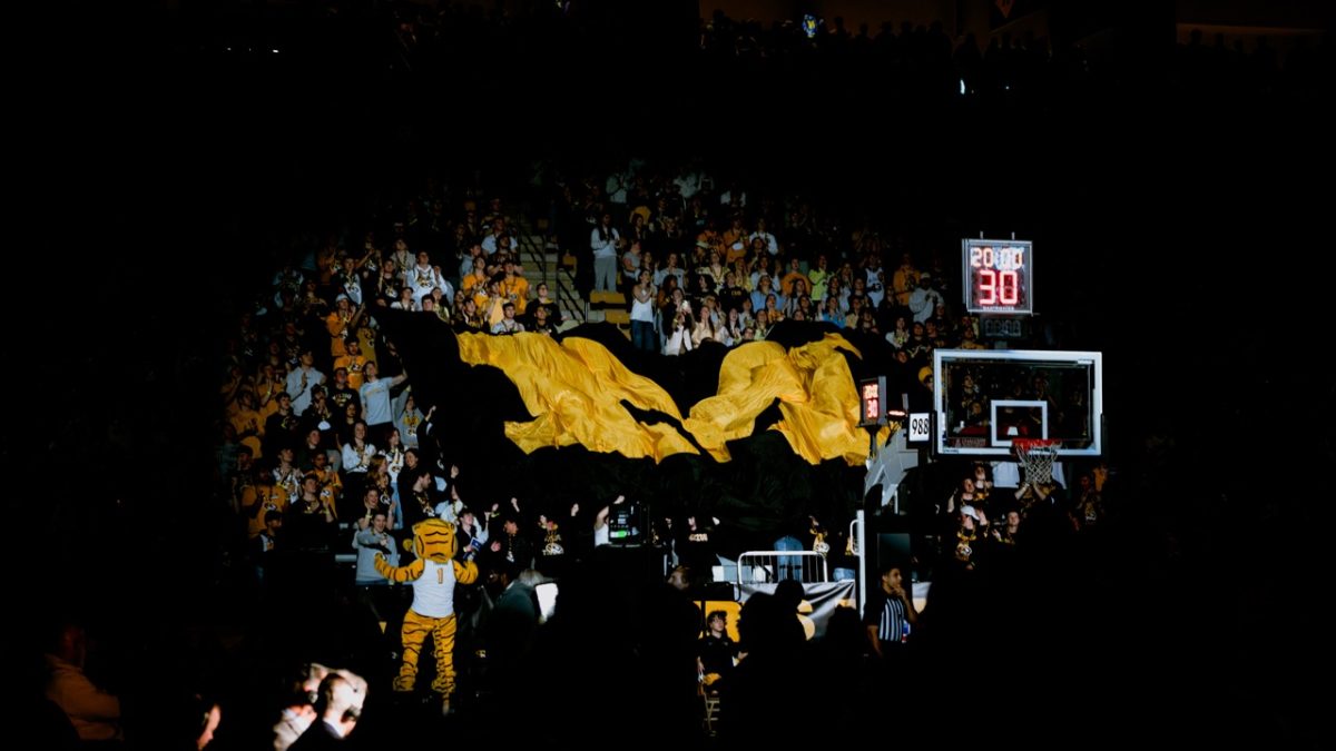 The Missouri student section waves a flag after the men’s basketball game versus Georgia on Tuesday, Jan. 20 at Mizzou Arena in Columbia Mo.