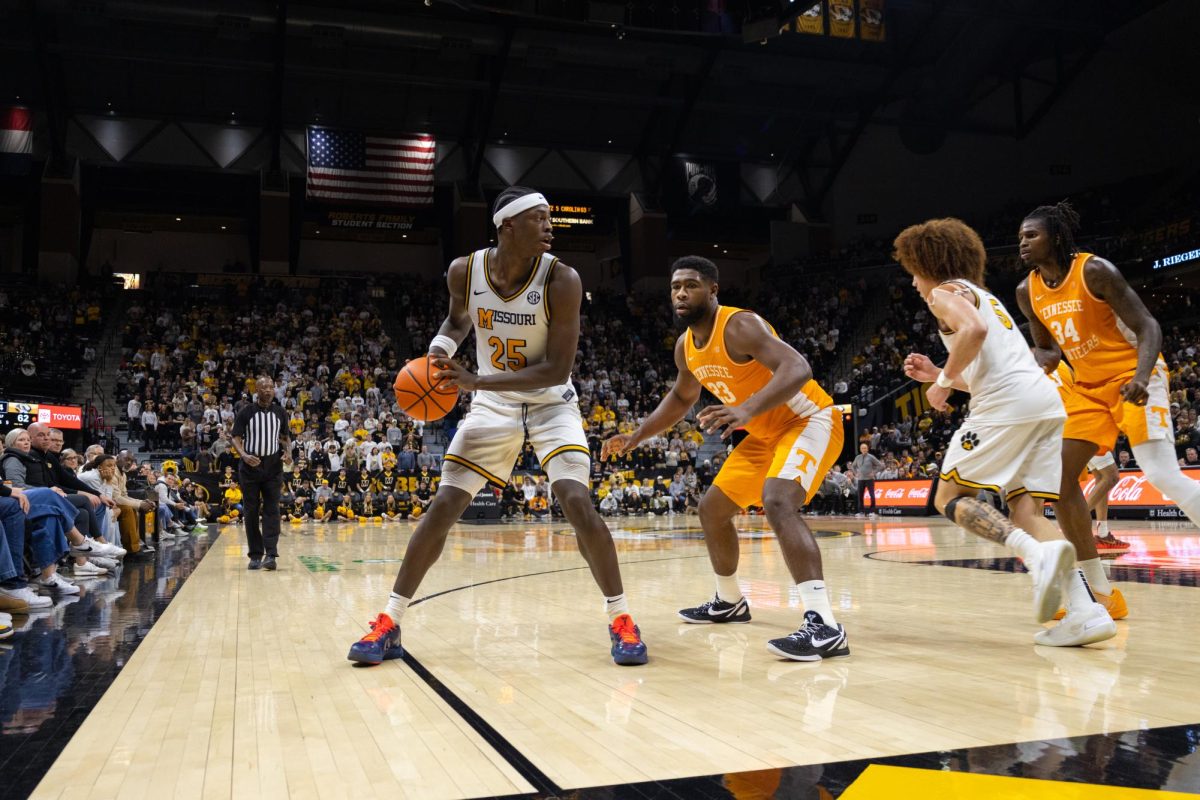 Missouri forward Mark Mitchell waits for an opening in Tennessee’s defense in their game on Tuesday, Feb. 25 at Mizzou Arena in Columbia, Mo. Mitchell scored 23 of the team's 73 total points during the game.