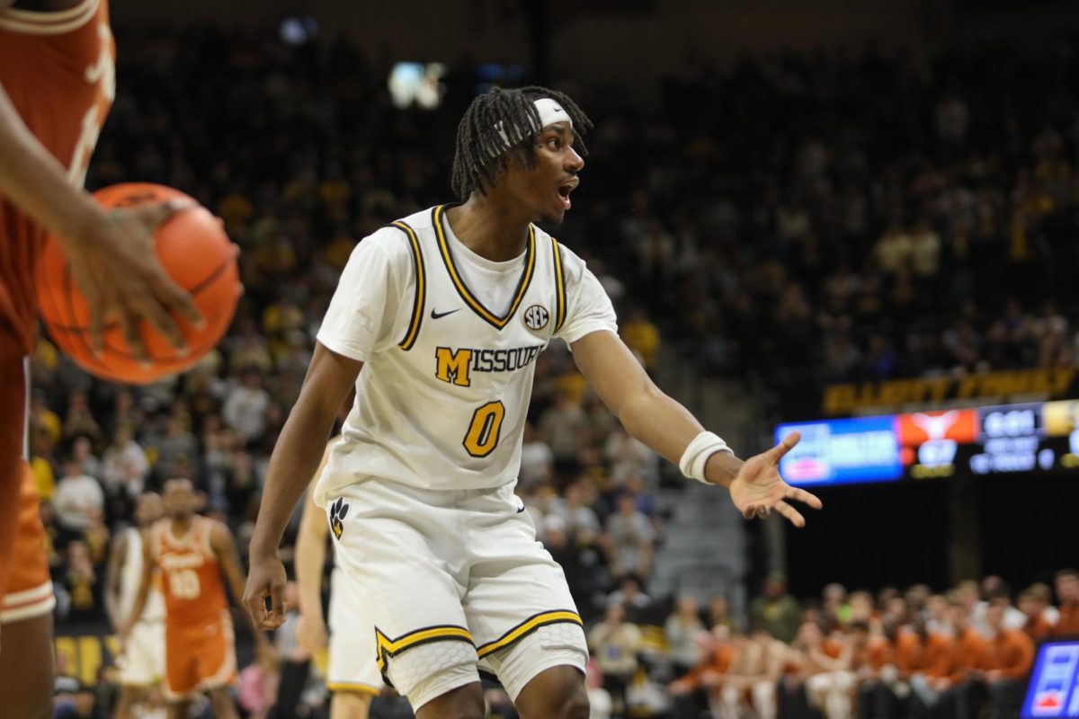 Missouri guard Anthony Robinson yells during the game against Texas on Saturday, Feb. 14 at Mizzou Arena in Columbia, Mo. Robinson played 21 minutes during the game, scoring 11 points.