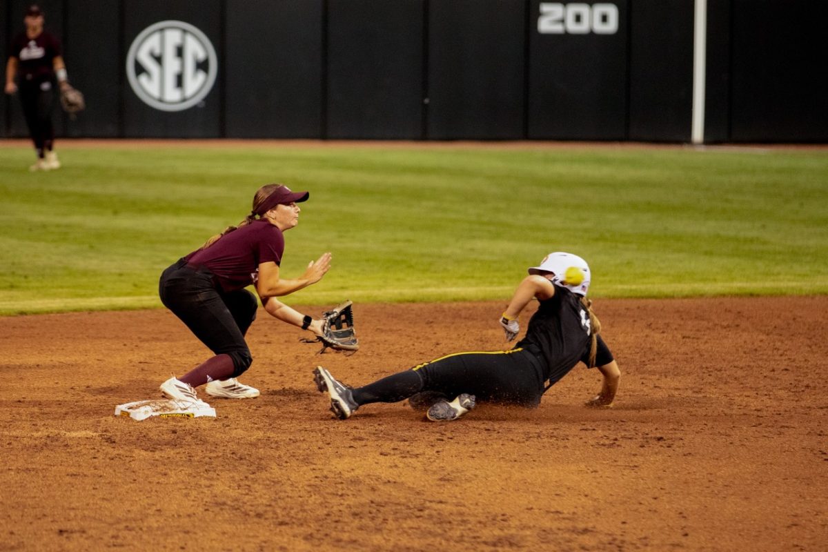 Missouri Pitcher Natalie Touchet sides into second base during the fall season
opener versus Missouri State on Friday, Sept. 26, at Mizzou Softball Stadium in
Columbia, Mo. The Tigers are set to take on rival the University of Kansas Jayhawks at home on October 4 at 1:00 p.m.