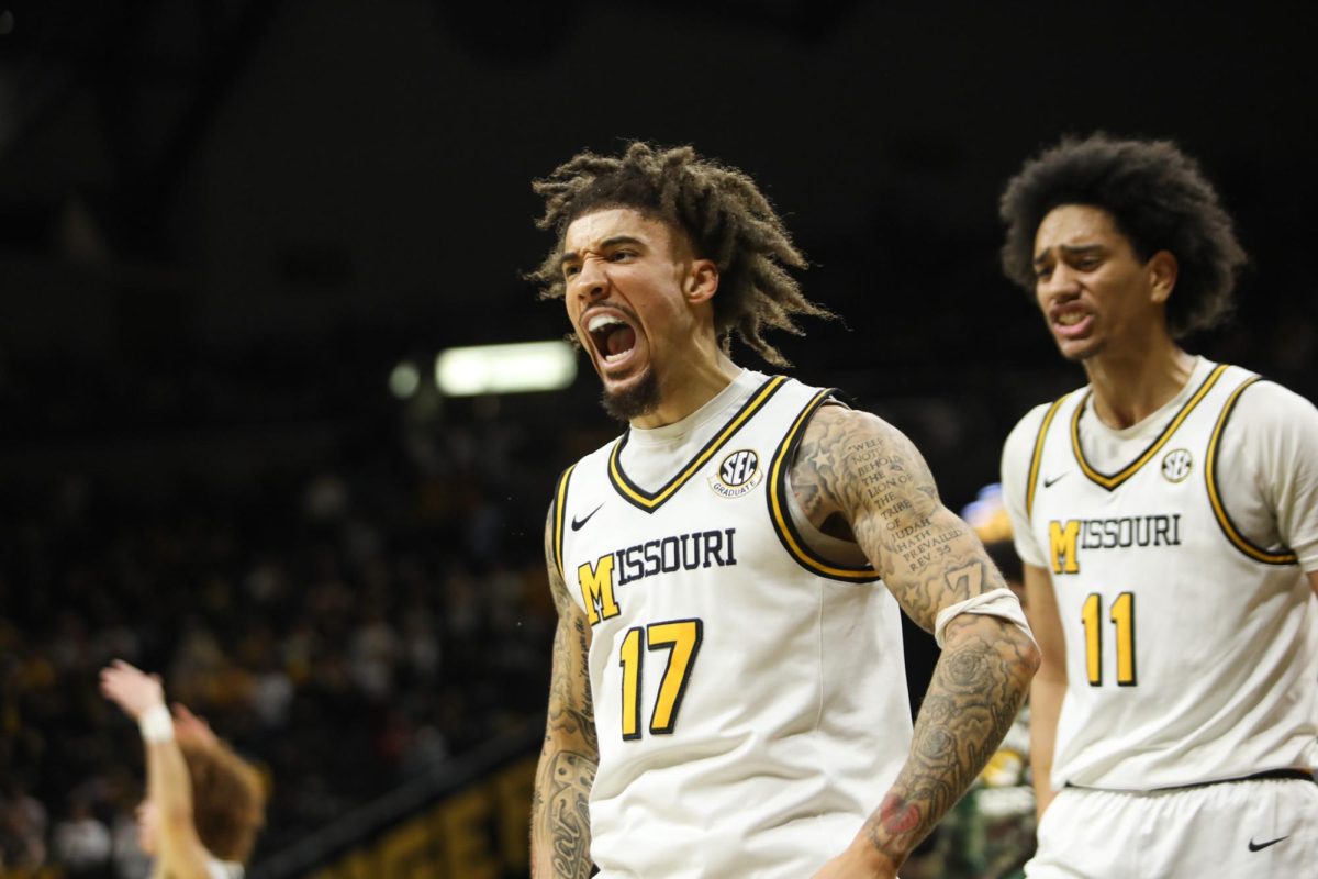 Missouri Guard Jayden Stone yells during a game against Texas on Saturday, Feb. 14 at Mizzou Arena in Columbia, Mo.