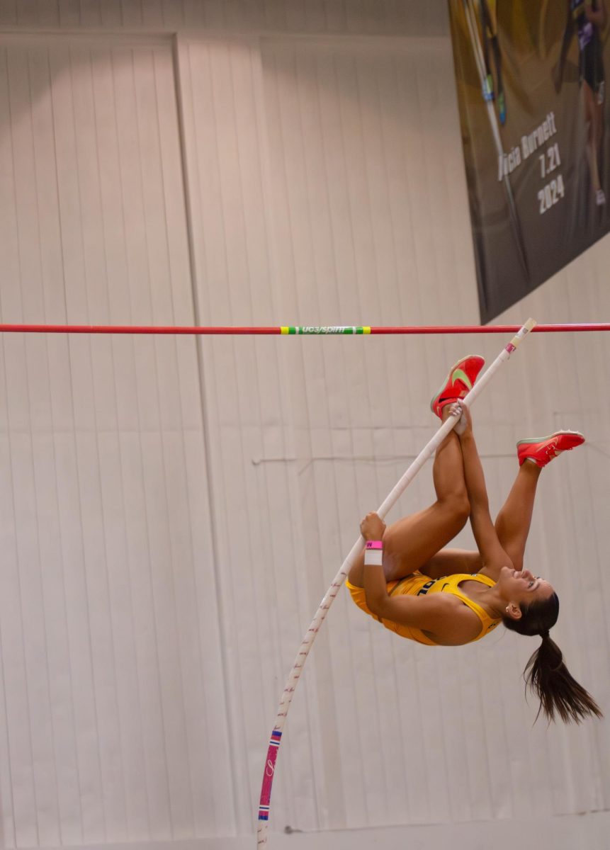 Missouri senior Anna Verdal lifts towards the crossbar during the Missouri Invitational track meet on Friday, Feb. 6 at Hearnes Center in Columbia, Mo. Verdal placed 3rd overall in the pole vault with a vault of 3.70m.