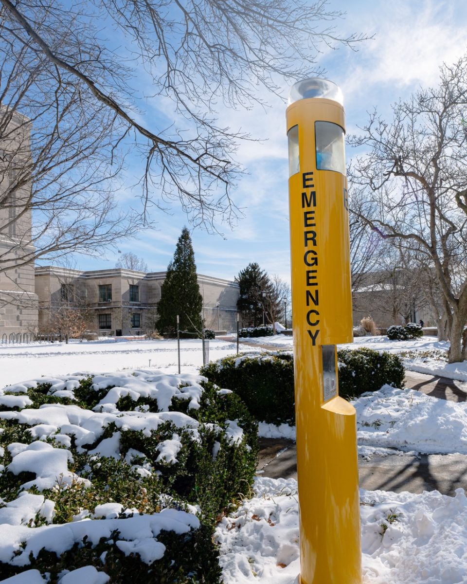 Blue Light Emergency Phone near Ellis library is providing a direct line to campus police on Tuesday, Jan. 27 in Columbia, Mo.