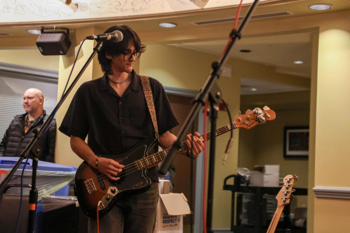 Arjuna Raghu plays the bass on Sunday, March 8, at the Missouri Theatre in Columbia, Mo. Raghu performed with his sister, Pasha Raghu, who created heliophilia (garden of earthly delights), and his brother, Surya Raghu. 