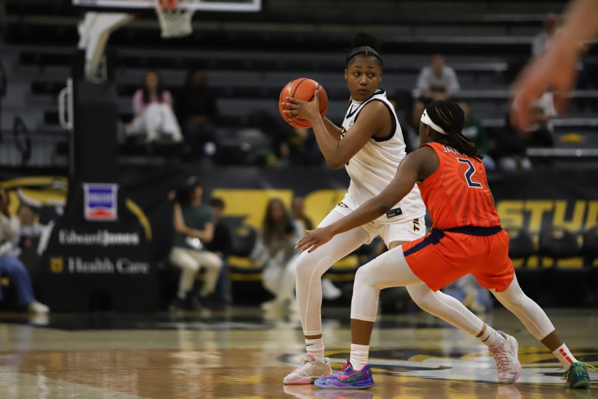Missouri guard Shannon Dowell pulls ball away from an Illinois opponent on Wednesday, Dec. 10, 2025 at Mizzou Arena in Columbia, Mo. 