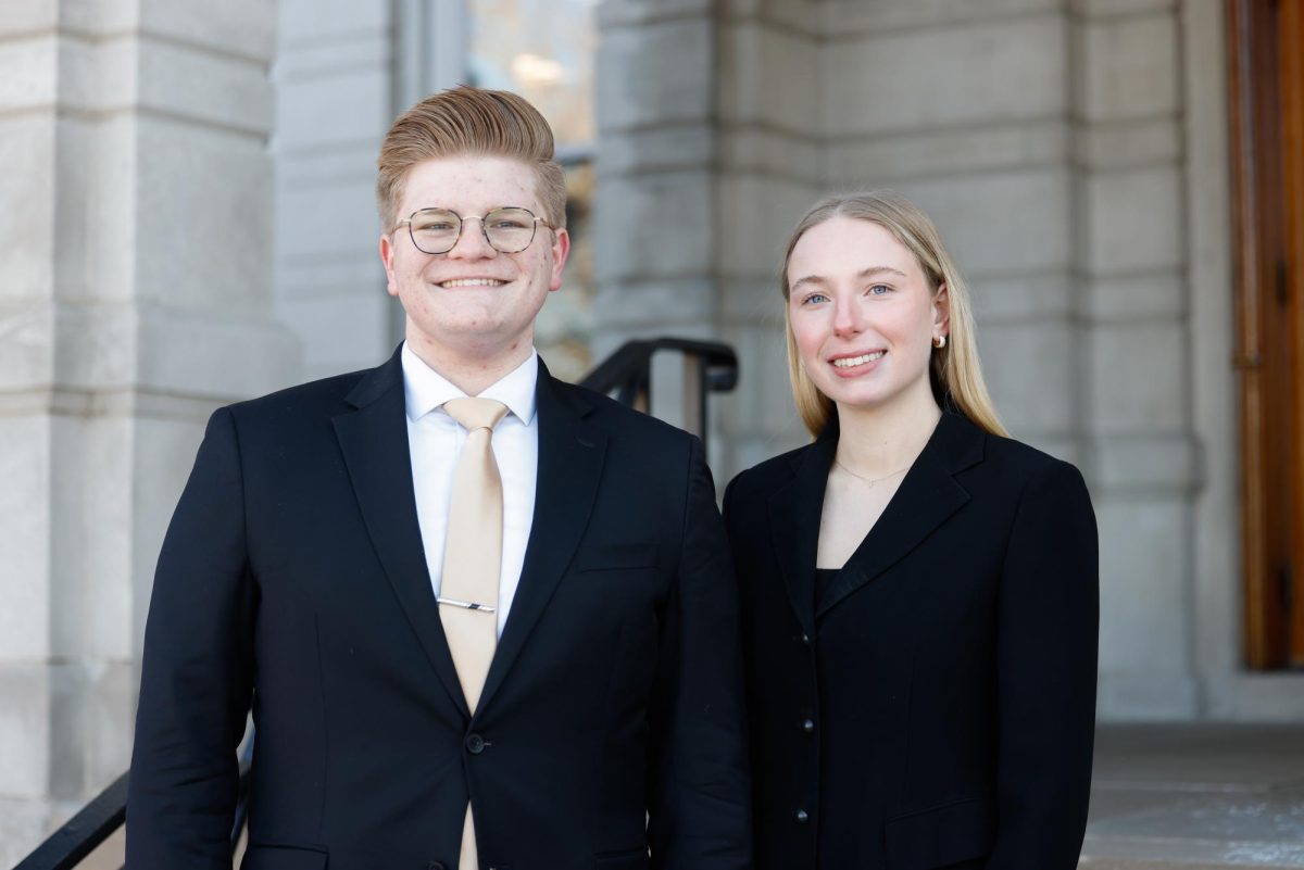 MSA President Logan Kuykendall and Vice President Kaylie Lineback pose on Francis Quadrangle on Thursday, Feb. 13, 2025, in Columbia, Mo.