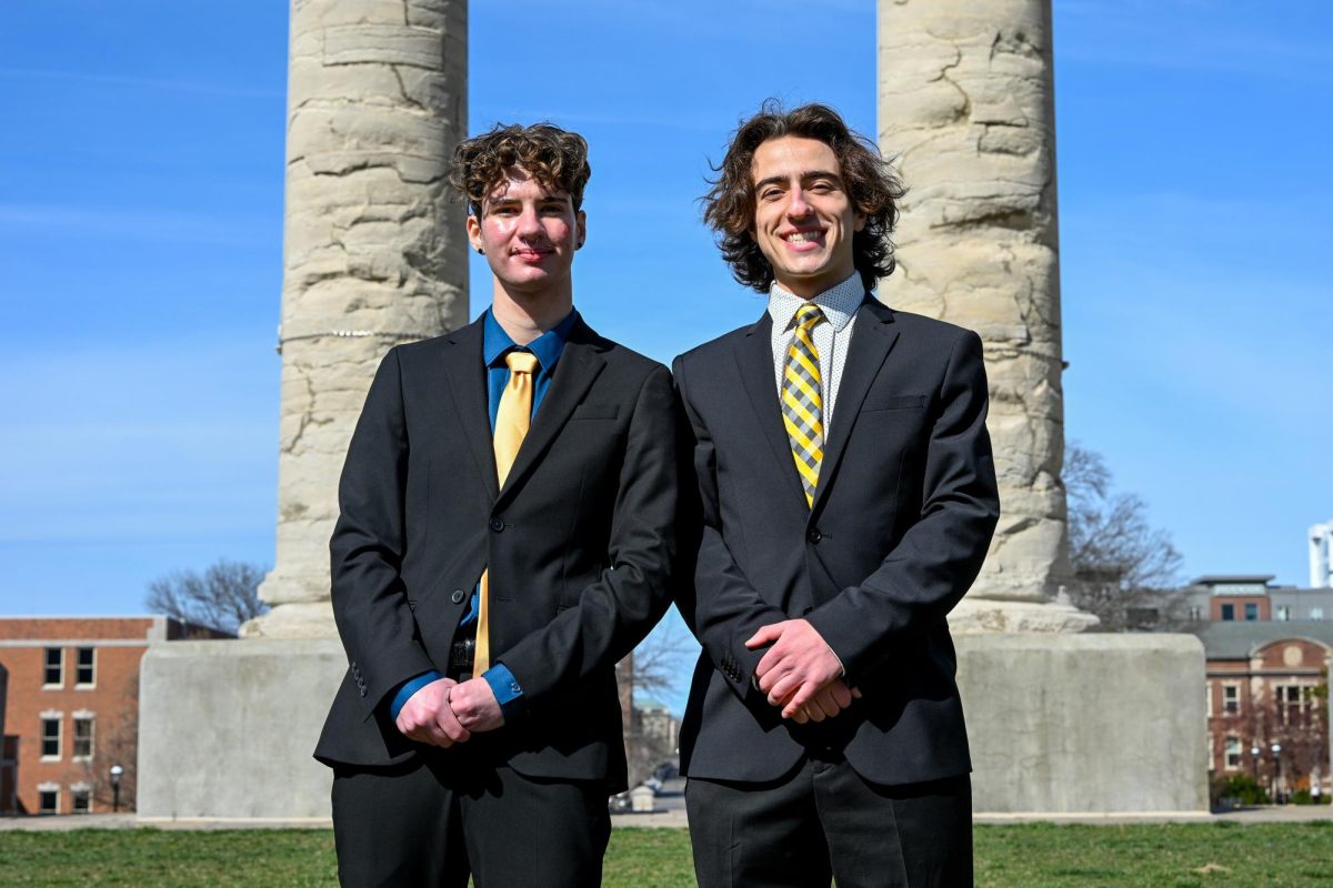 Noah Schnarre and Jase DeCota pose for a portrait on Friday, March 13 at the David R. Francis Quadrangle in Columbia, Mo.