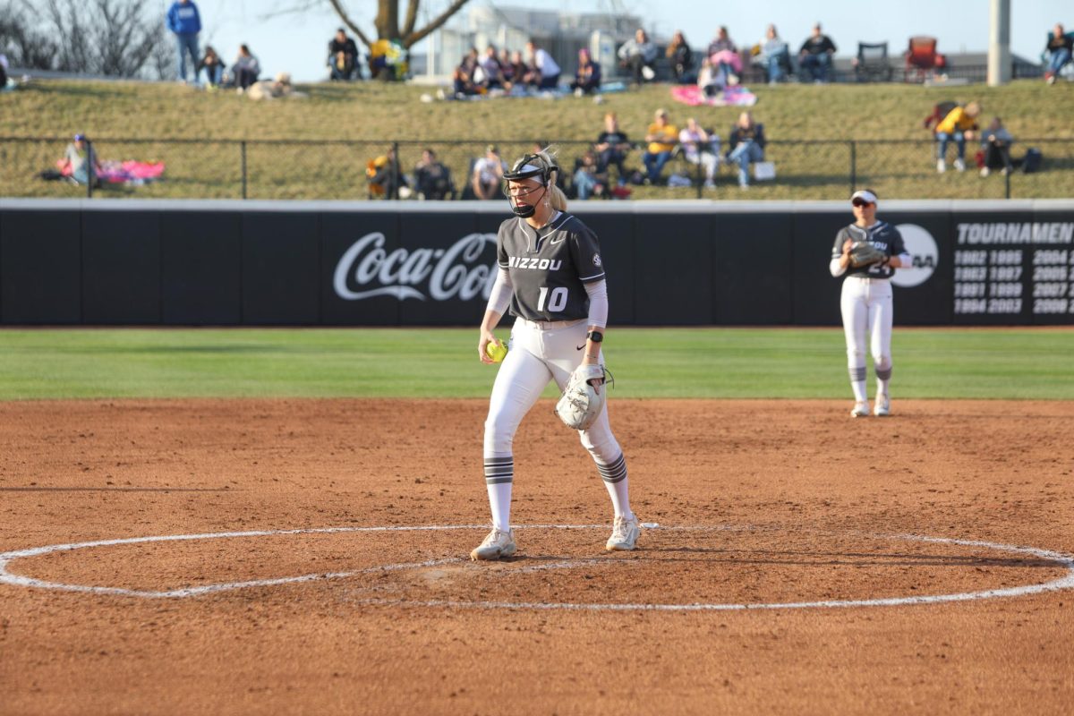 Mizzou softball pitcher Marissa McCann sets up for a pitch against Drake in the Mizzou Invitational Tournament on February 28, 2025 at Mizzou Softball Stadium in Columbia, Mo. McCann pitched for 5 innings with a career high of 12 strikeouts.