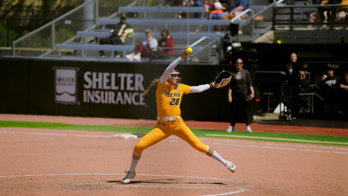 Missouri pitcher Abby Carr delivers a pitch against the South Carolina Gamecocks on Sunday, April 19, at Mizzou Softball Stadium in Columbia, Mo. Carr pitched for the final two innings and struck out two Gamecocks.