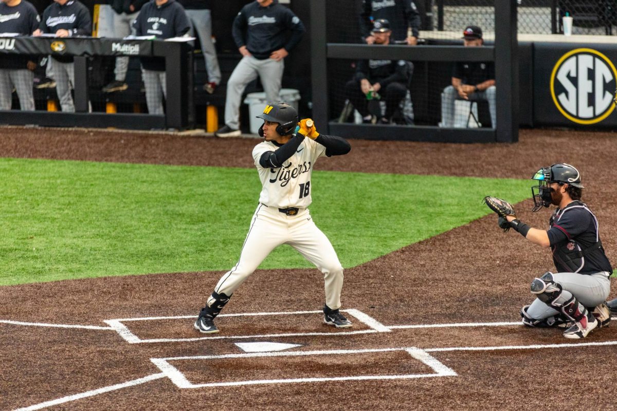 Missouri infielder Eric Maisonet goes up to bat against the South Carolina Gamecocks on Friday, April 10, at Taylor Stadium in Columbia, Mo. Maisonet and the Tigers struggled at the plate in the 0-1 loss to the Gamecocks. 