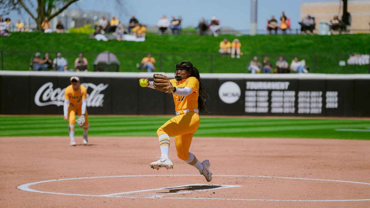 Missouri pitcher Cierra Harrison delivers a fastball to home plate on Sunday, April 19, at Mizzou Softball Stadium in Columbia, Mo. Harrison only let up one hit to the Gamecocks in her four innings pitched. 