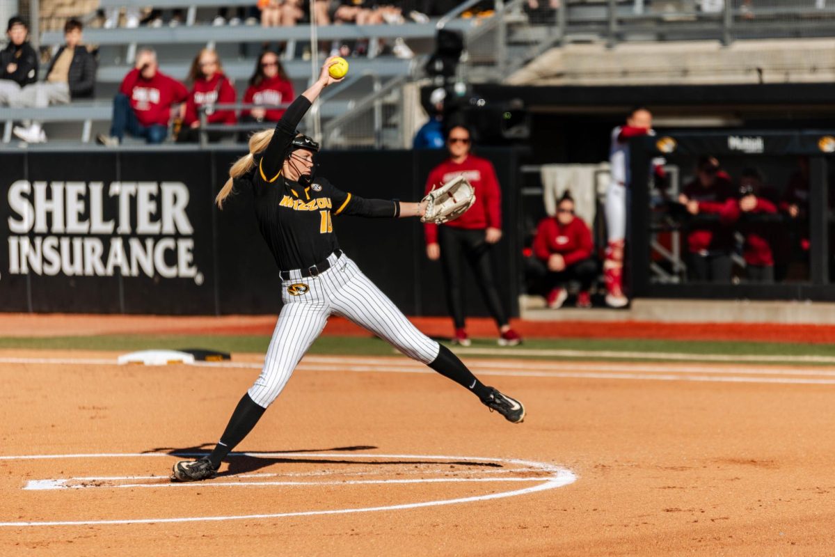 Missouri pitcher Marissa McCann pitches the ball against the South Carolina Gamecocks on Saturday, April 18, at Mizzou Softball Stadium in Columbia, Mo. McCann pitched a complete game recording six strikeouts and holding the Gamecocks to only four hits. 