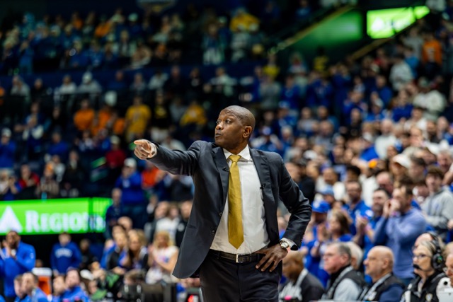 Missouri basketball head coach Dennis Gates points during a game against Kentucky on Thursday, March 12, at Bridgestone Arena in Nashville, Tenn.