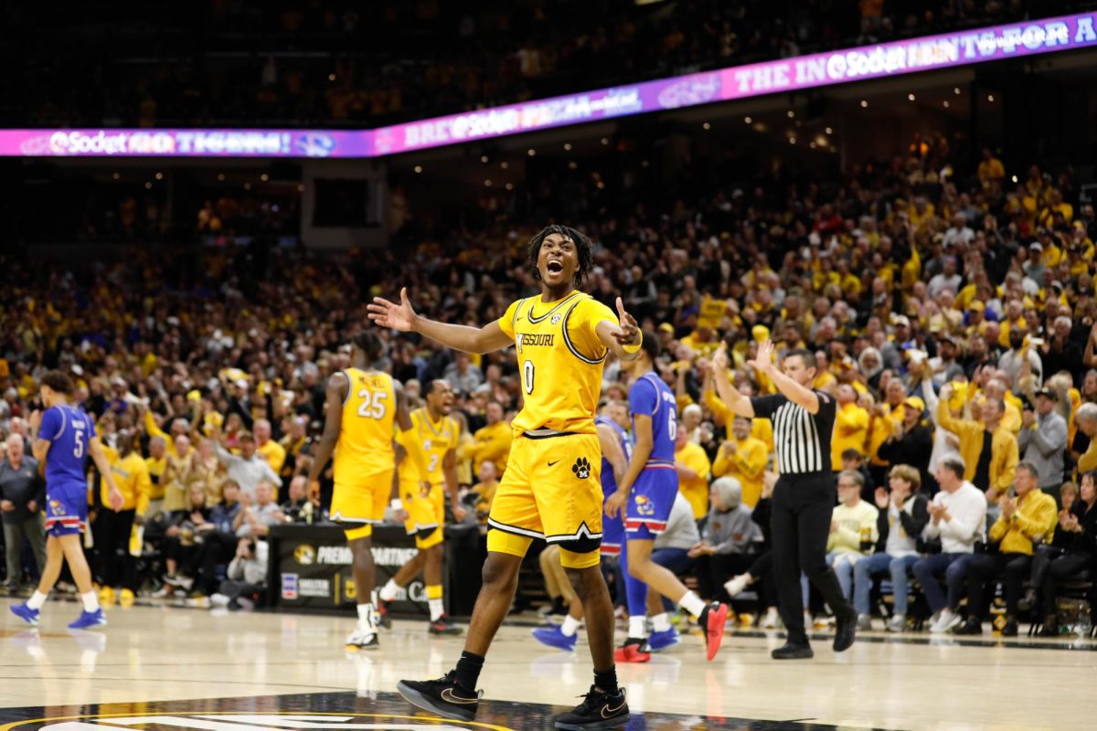Missouri guard Anthony Robinson II yells at the crowd in the game against Kansas on Sunday, Dec. 8, 2024, at Mizzou Arena in Columbia, Mo.