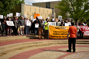 Brandon Brubaker speaks in front of the MU workers rally on Friday, May 1 at Speaker’s Circle in Columbia, Mo. The rally was mostly made up of LiUNA Local 955 members as well as workers from across campus.