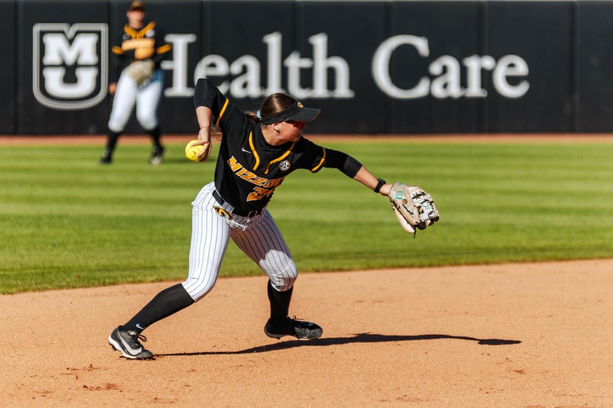 Missouri shortstop Madison Uptegrove throws the ball to first against the South Carolina Gamecocks on Saturday, April 18, at Mizzou Softball Stadium in Columbia, Mo. Uptegrove and the tigers held the Gamecocks to four hits and no runs in Missouri’s 5-0 win.